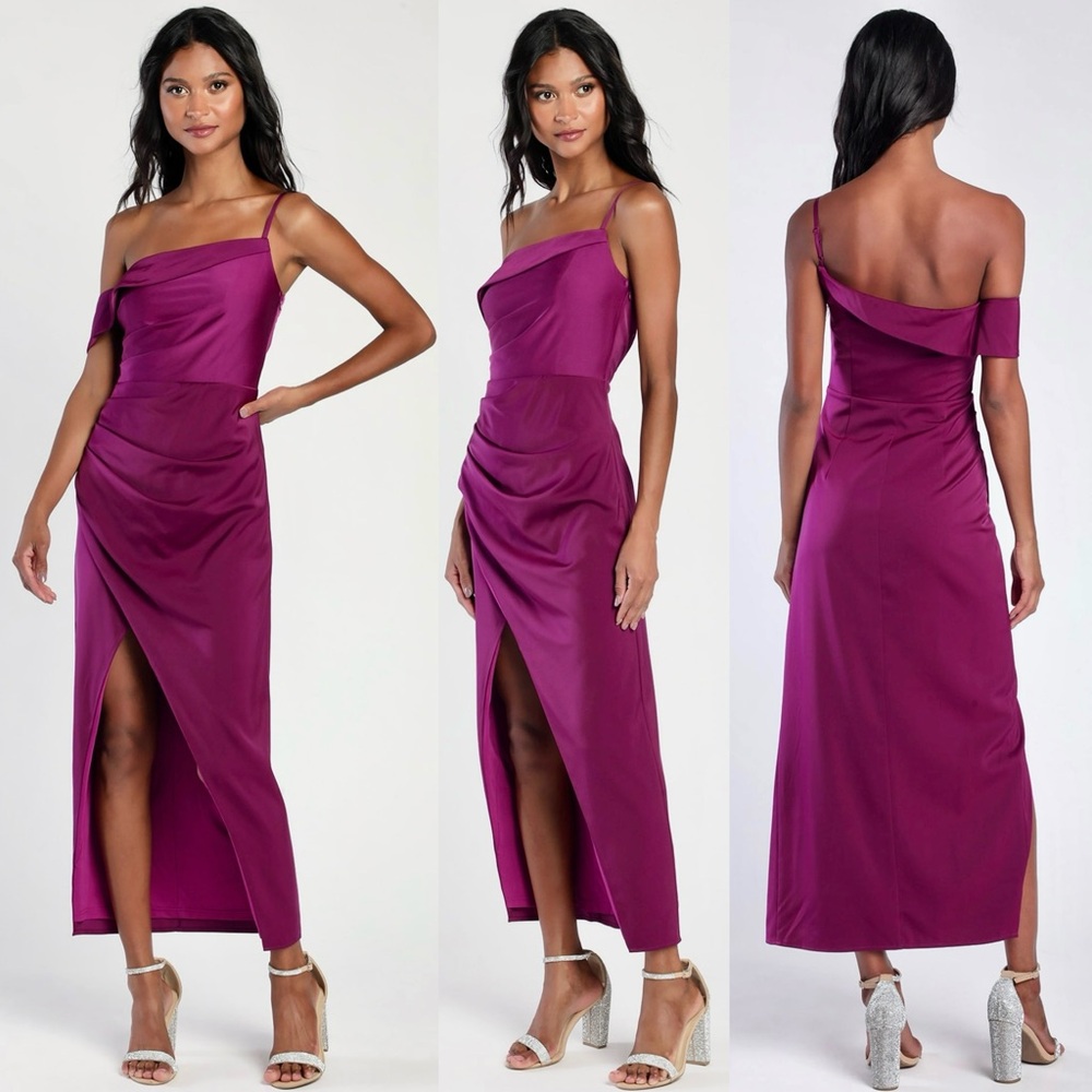 NWT Lulus Showing Off a Little Magenta Asymmetrical Tulip Midi Dress | Medium - Picture 2 of 10